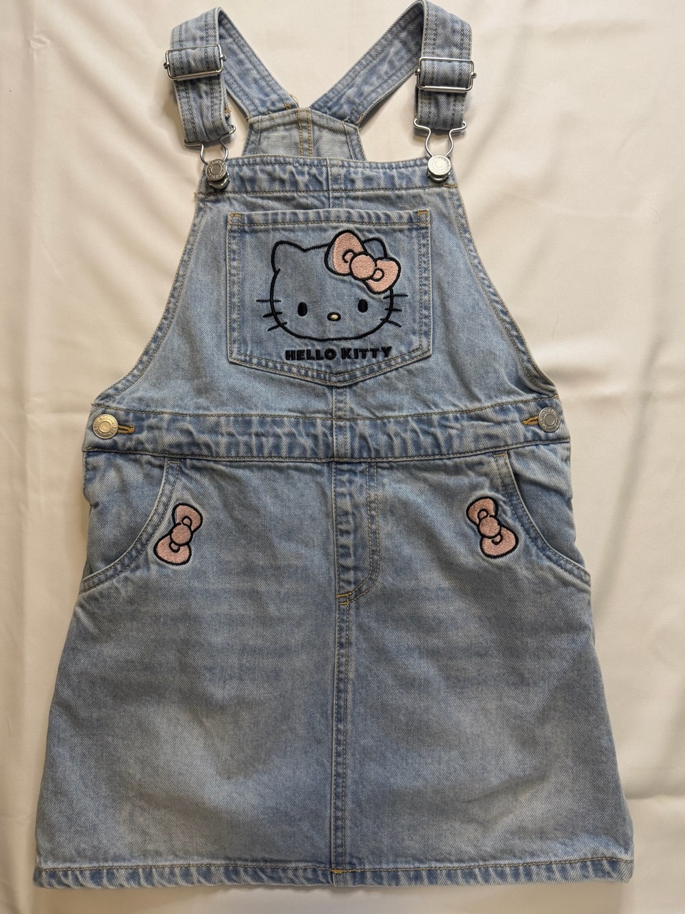 H&M Light Blue Denim Hello Kitty Overall Dress with Pink Bow Embroidery